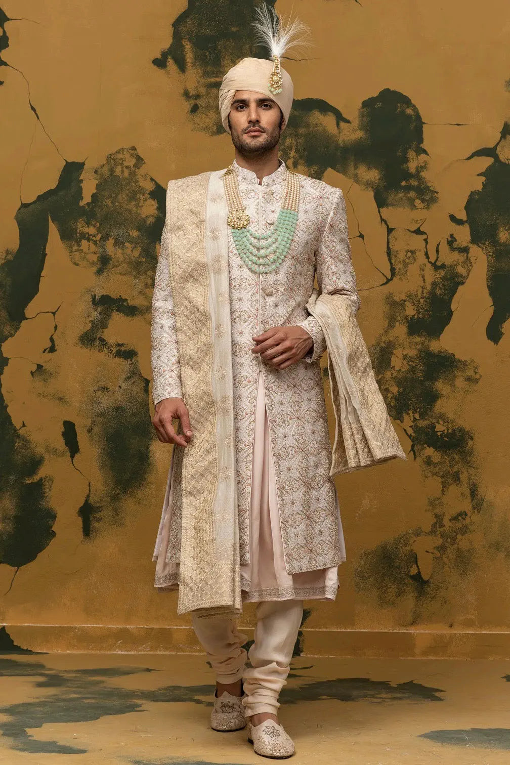 Off-White Sherwani with Dabka Moti Work - Asuka Couture