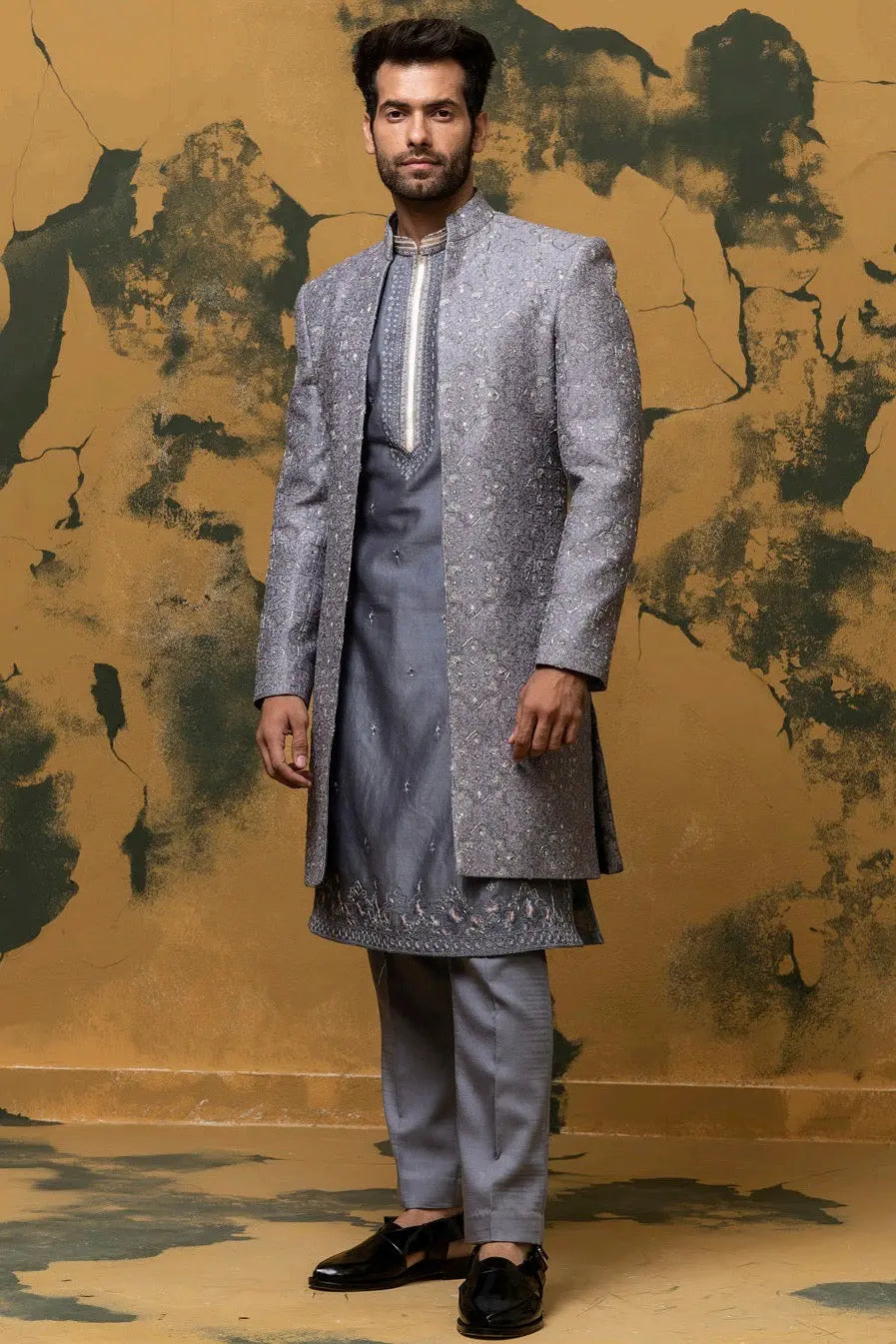 Gunmetal Grey Geometric Resham Work Sherwani - Asuka Couture