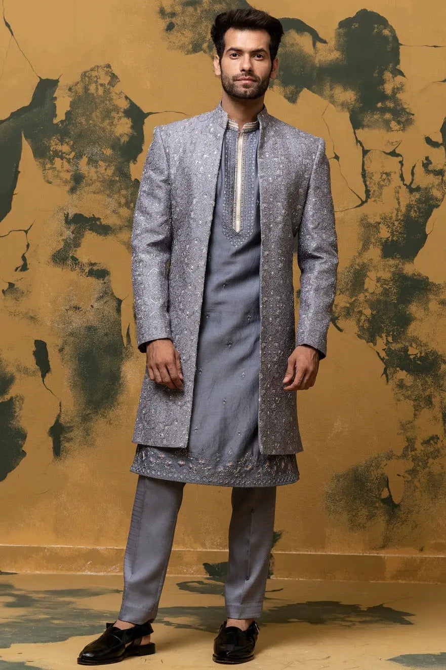 Gunmetal Grey Geometric Resham Work Sherwani - Asuka Couture