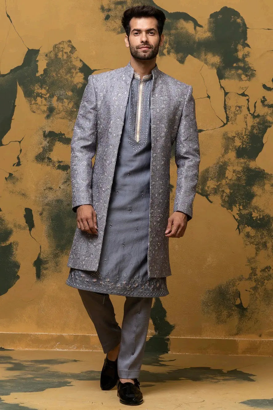 Gunmetal Grey Geometric Resham Work Sherwani - Asuka Couture