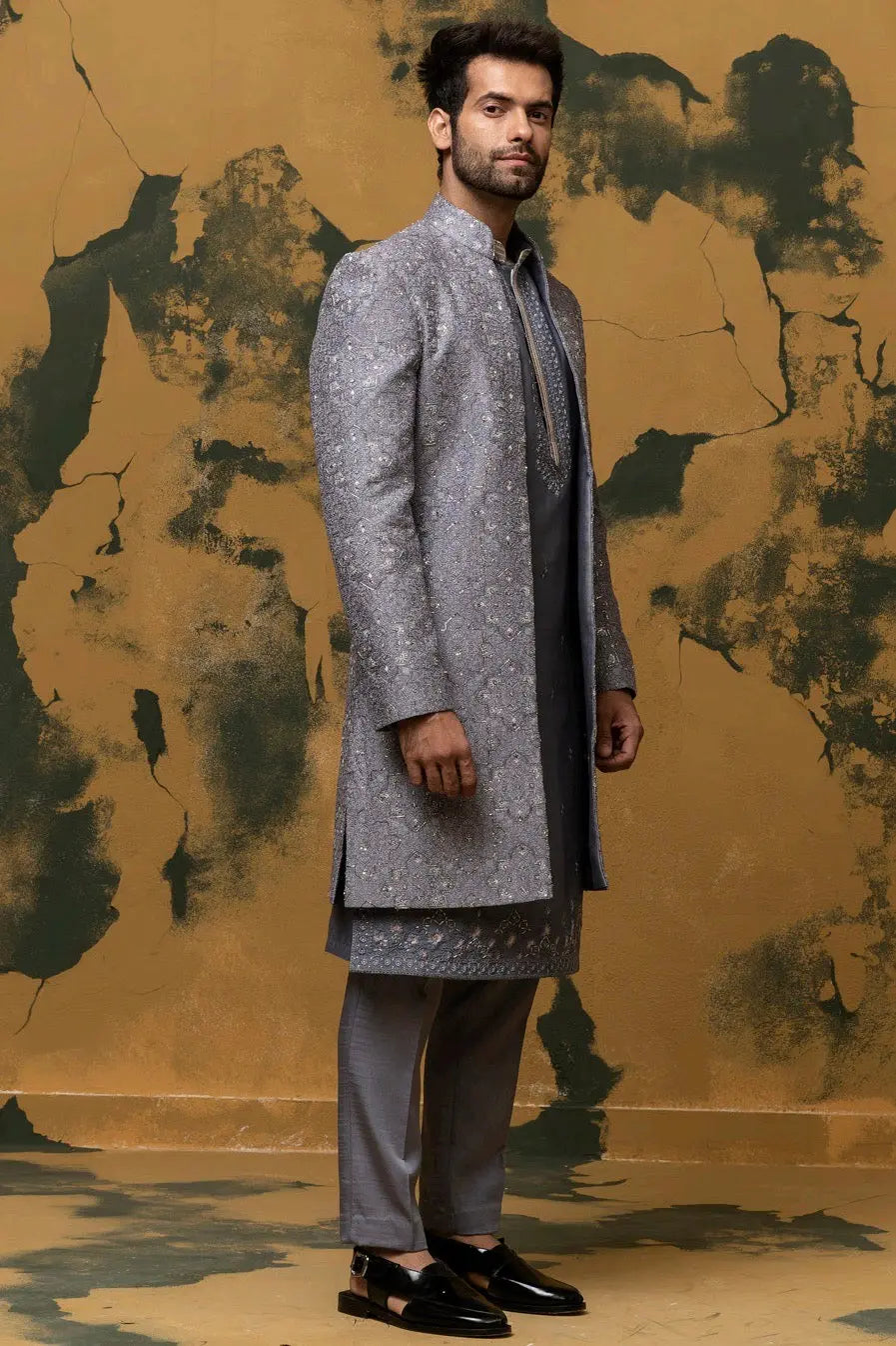Gunmetal Grey Geometric Resham Work Sherwani - Asuka Couture
