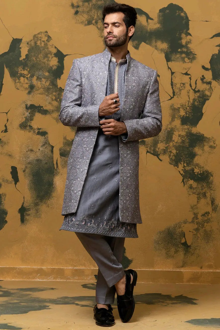Gunmetal Grey Geometric Resham Work Sherwani - Asuka Couture