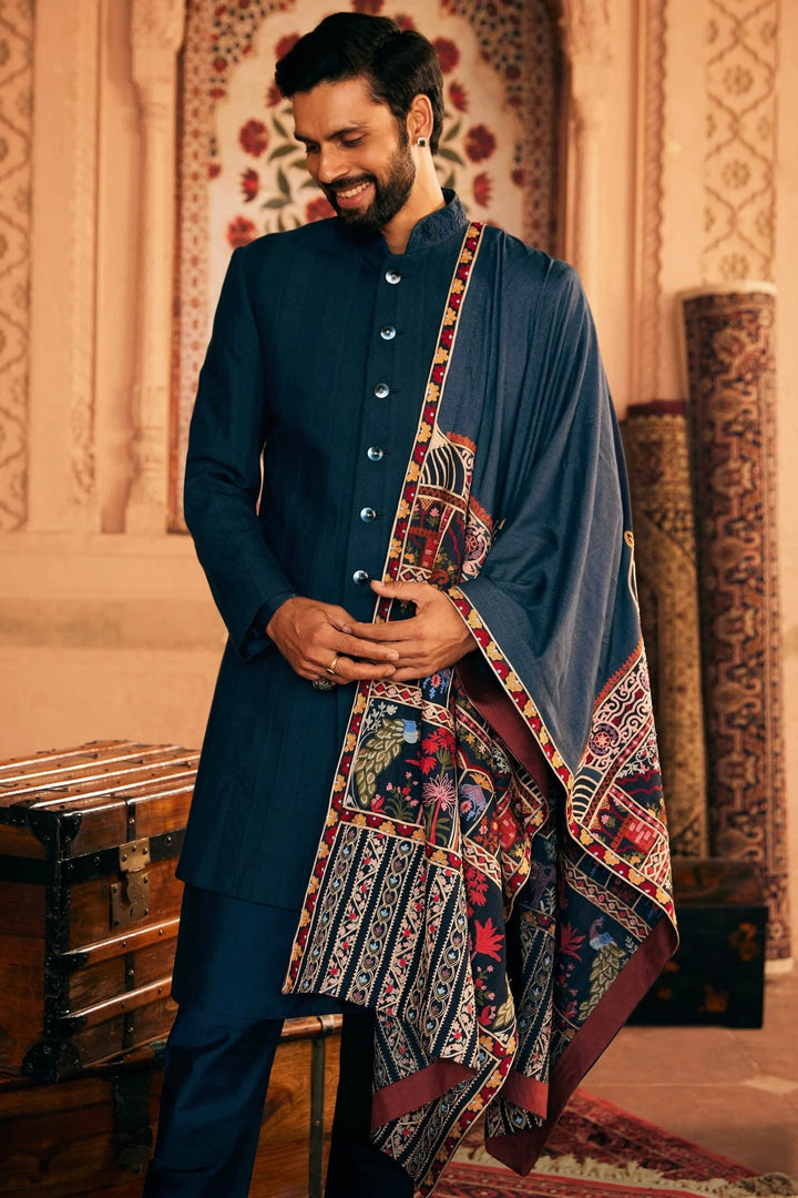 Navy Blue Indowestern with Patchwork Pintuck