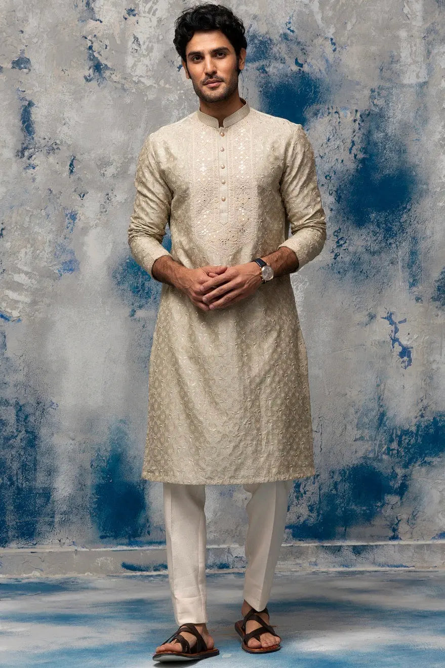 Beige Dori Patra Embroidery Kurta - Asuka Couture