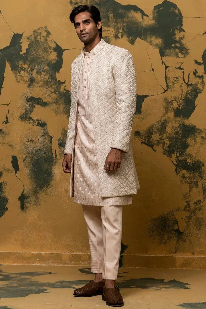 Elation Beige Zari Work Hand Embroidered Sherwani - Asuka Couture