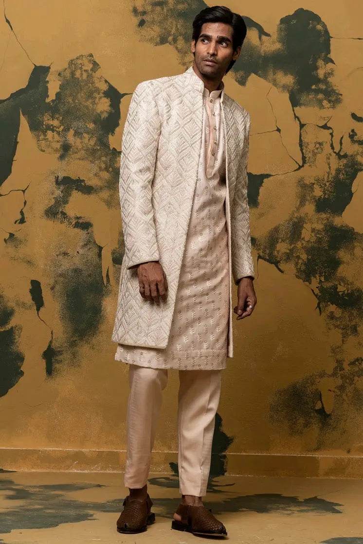 Elation Beige Zari Work Hand Embroidered Sherwani - Asuka Couture