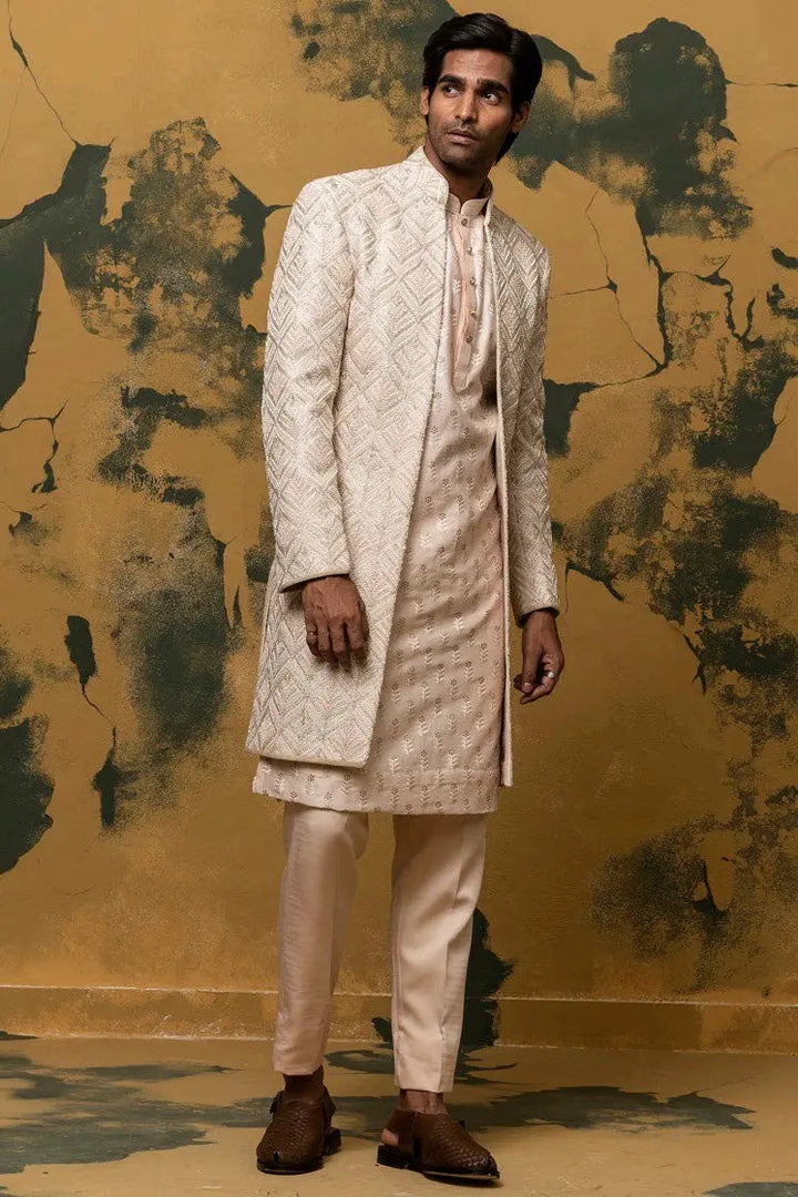 Elation Beige Zari Work Hand Embroidered Sherwani - Asuka Couture