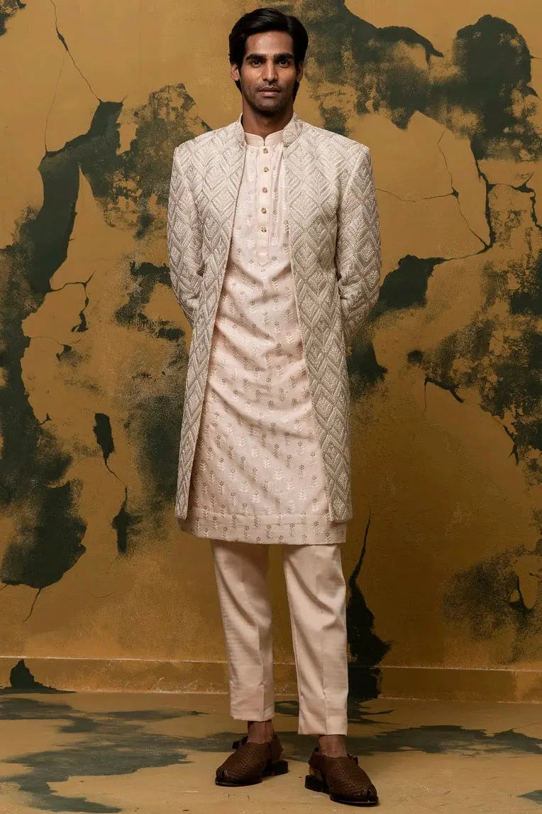 Elation Beige Zari Work Hand Embroidered Sherwani - Asuka Couture