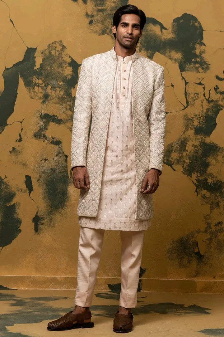 Elation Beige Zari Work Hand Embroidered Sherwani - Asuka Couture