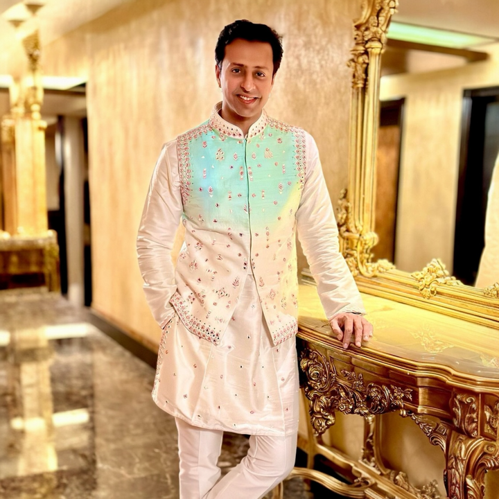 Salim Merchant in Porcelain Sky Blue Ombre Kurta Bundi Set