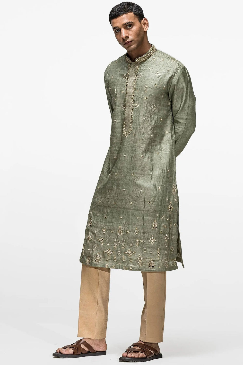 Olive Green Booti Mirror Work Kurta - Asuka Couture