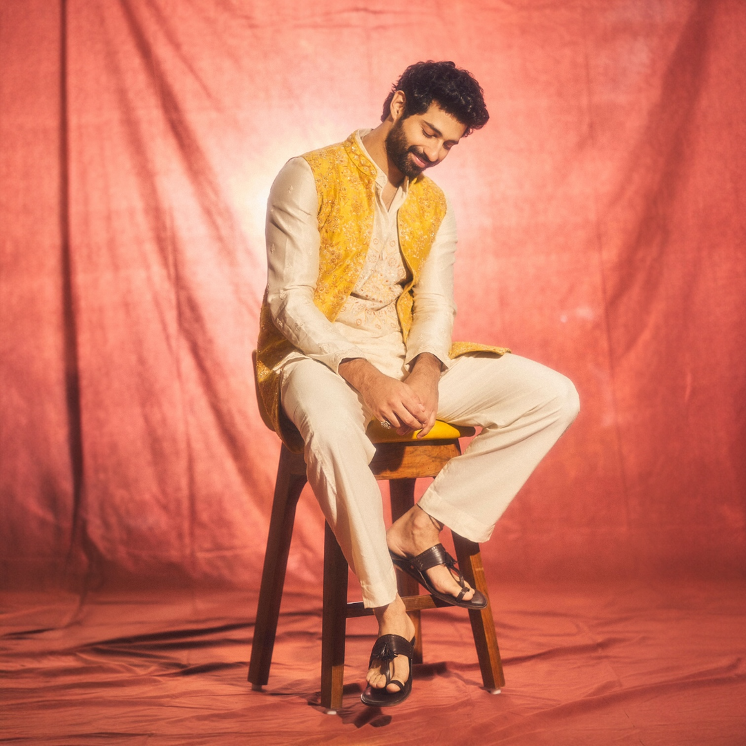 Ashim Gulati in Mustard Raw Silk Long Bundi with Cream Silk Short Kurta