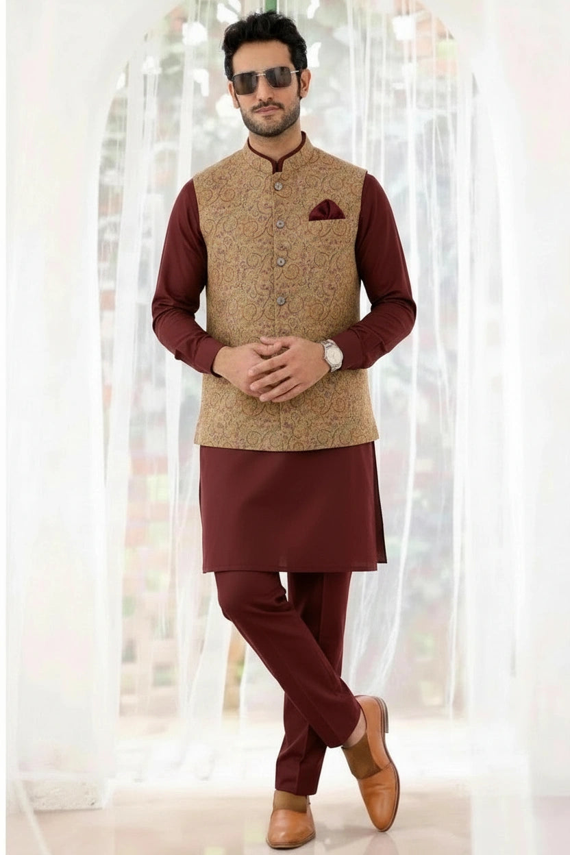 Beige-Gold Vine Print Kurta Bundi Set