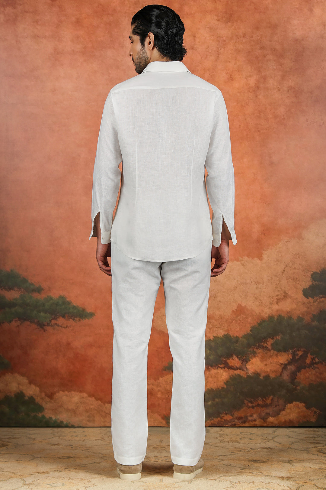 Off-White Linen Crane Hem Embroidered Shirt