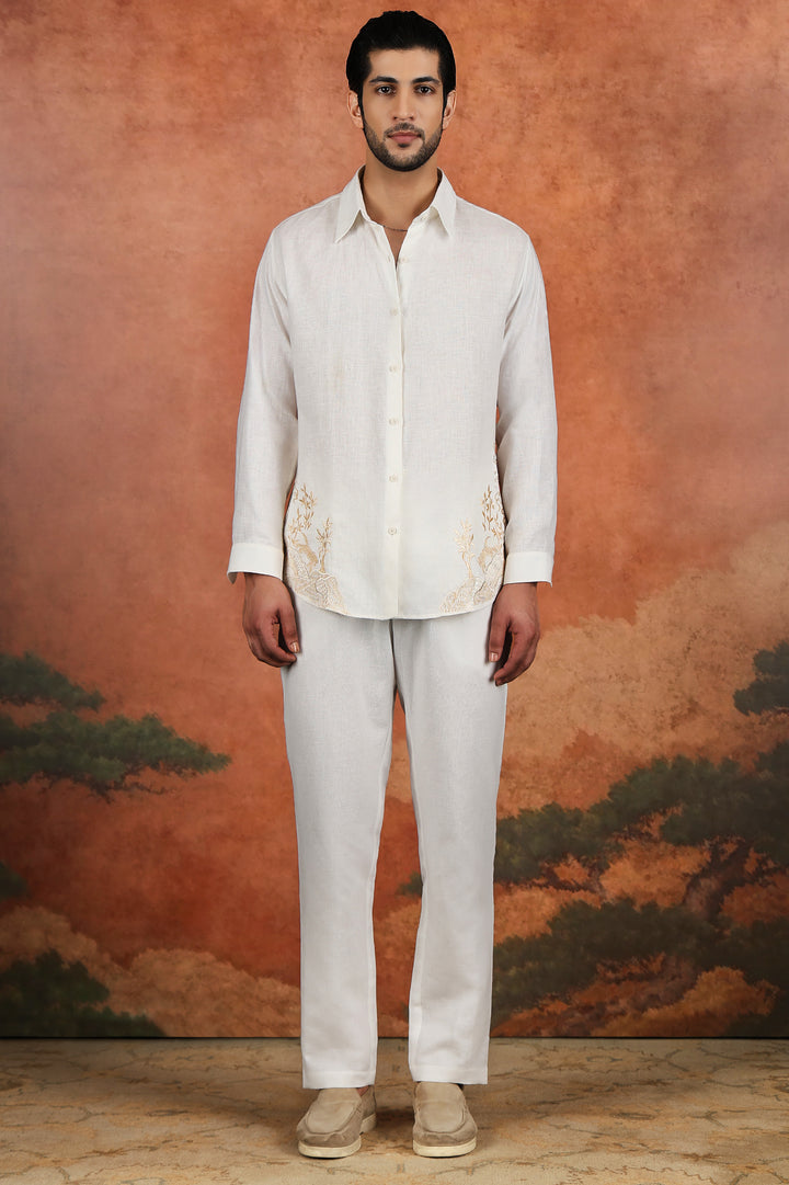 Off-White Linen Crane Hem Embroidered Shirt
