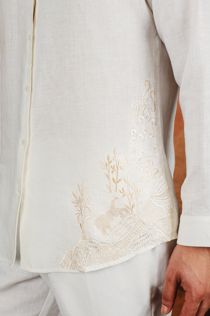 Off-White Linen Crane Hem Embroidered Shirt