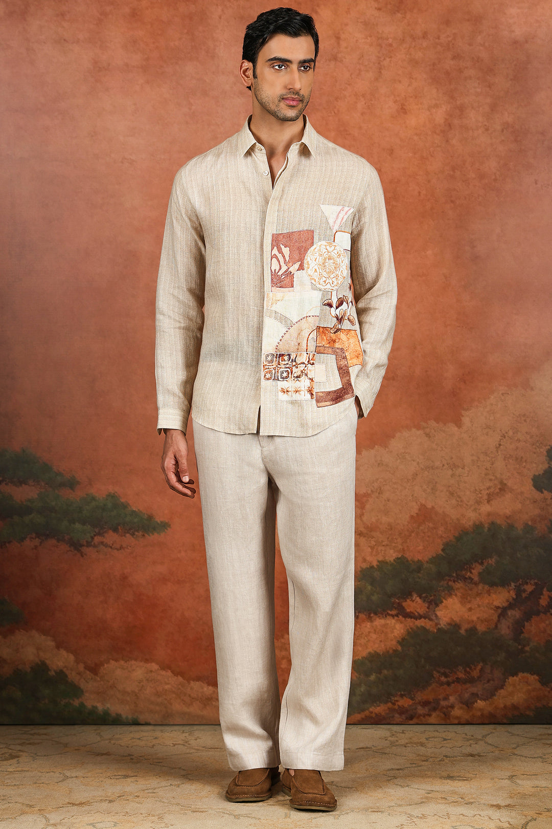 Beige Linen Patchwork Artwork Shirt