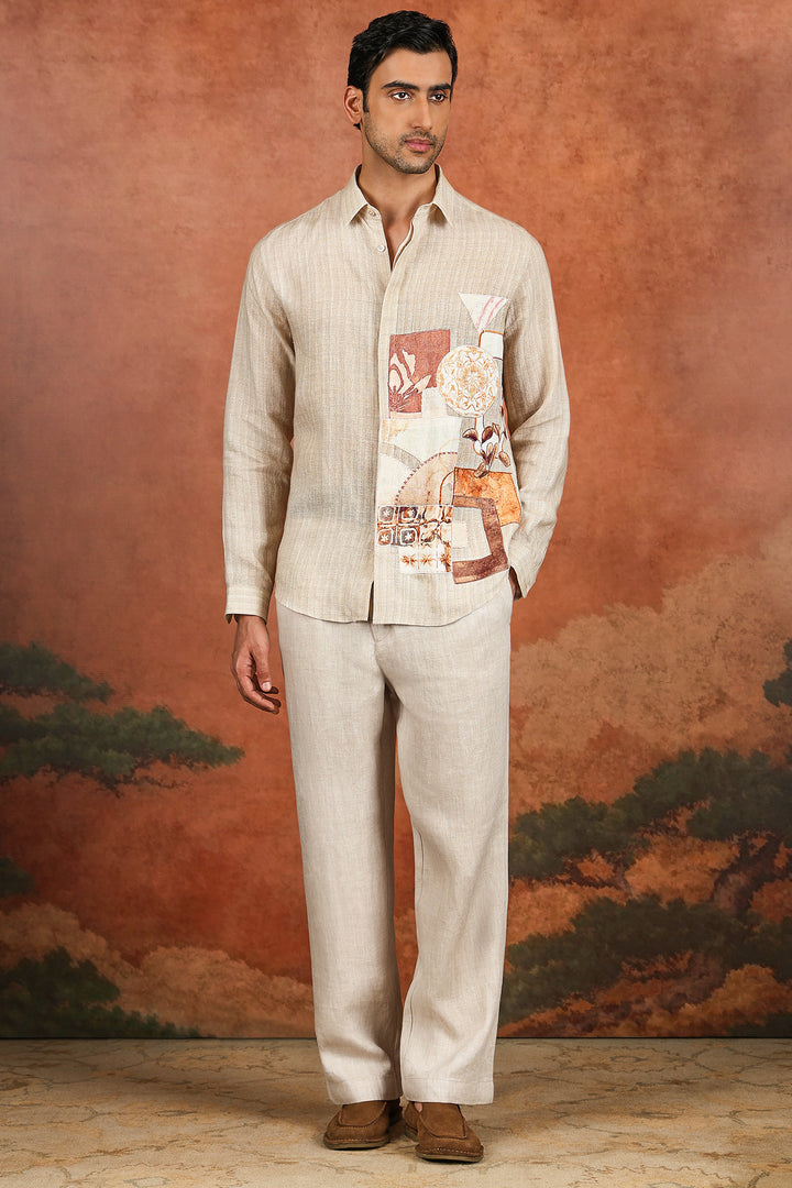 Beige Linen Patchwork Artwork Shirt