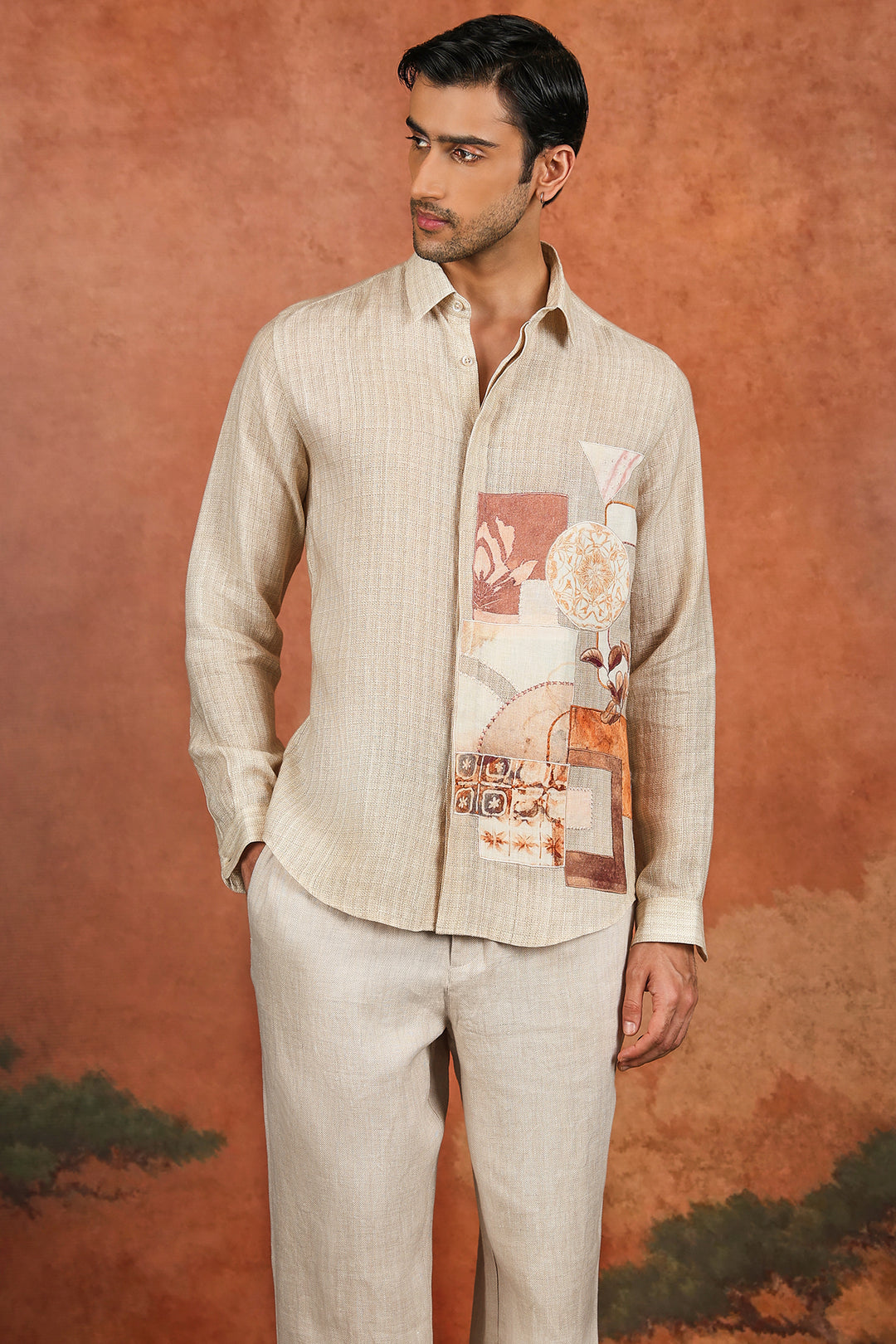 Beige Linen Patchwork Artwork Shirt
