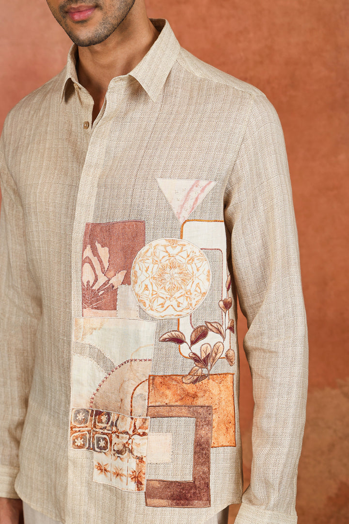 Beige Linen Patchwork Artwork Shirt