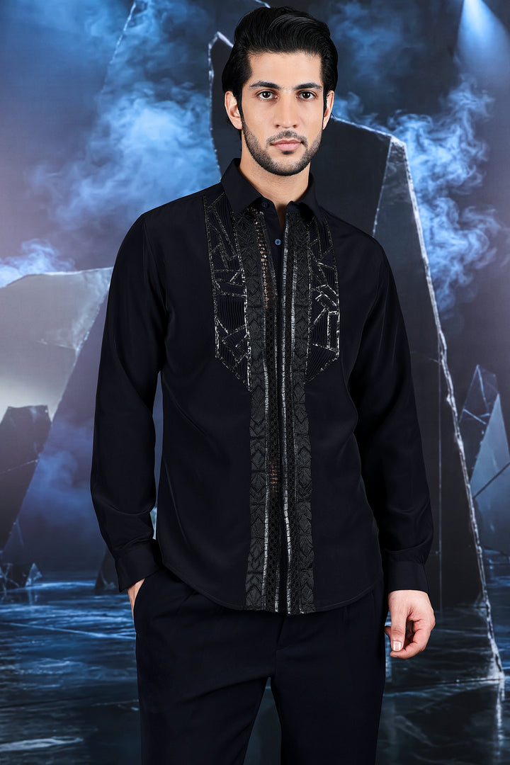 Black Geometric Panel Embellished Shirt