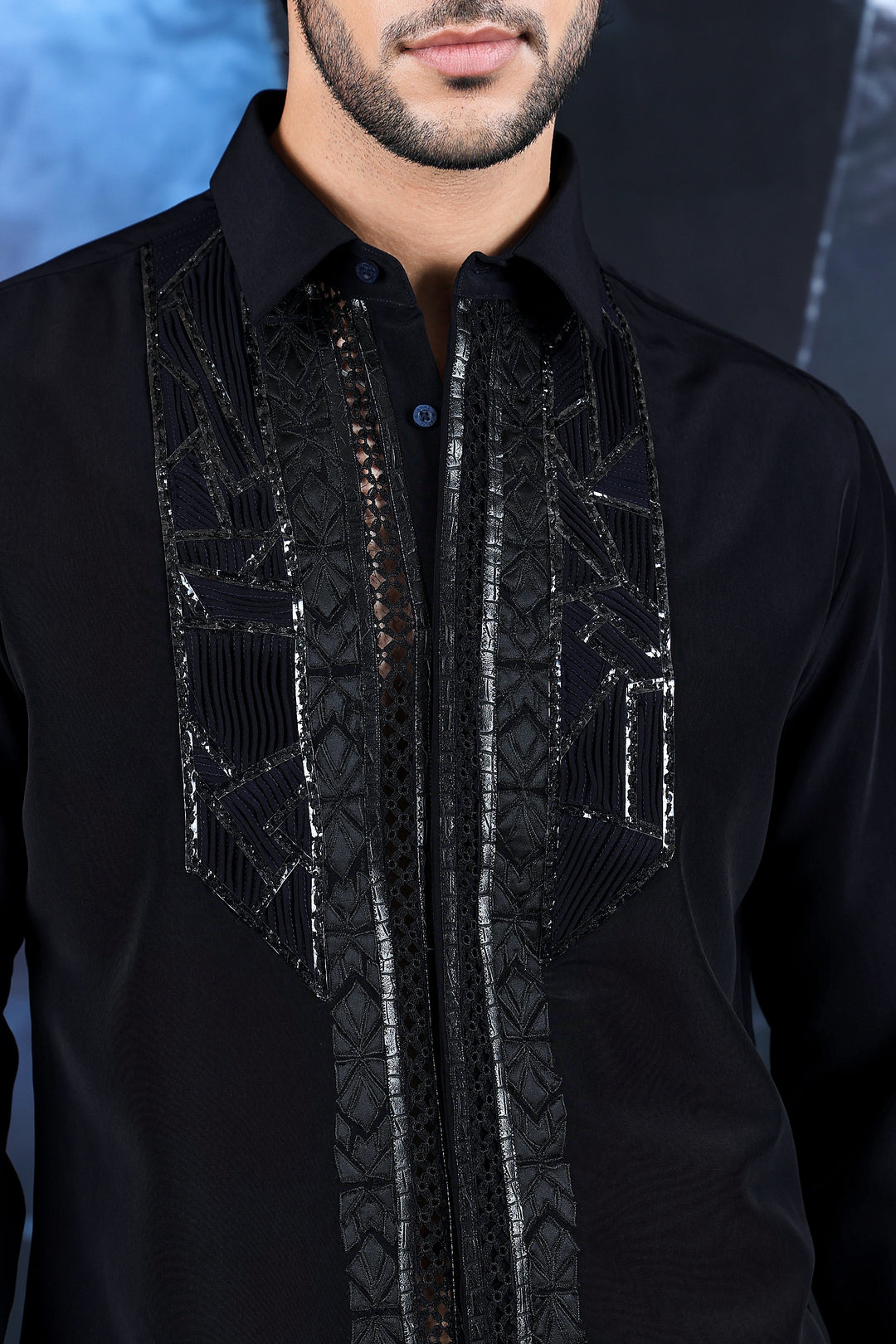 Black Geometric Panel Embellished Shirt