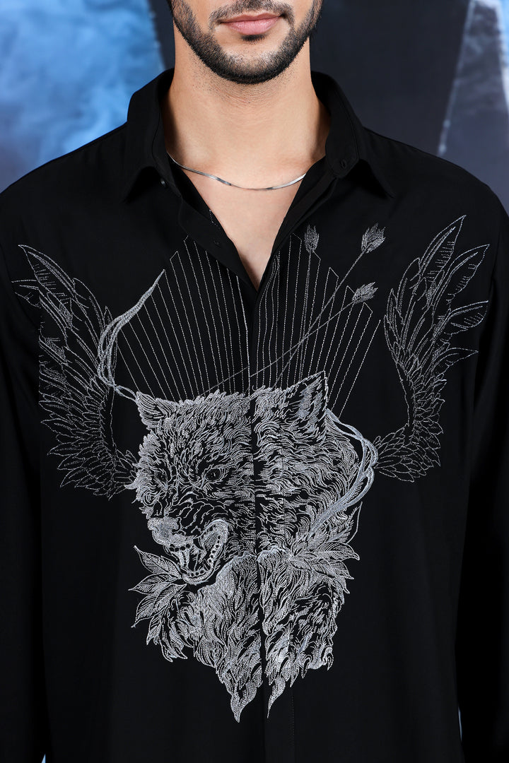 Black Winged Wolf Embroidered Shirt