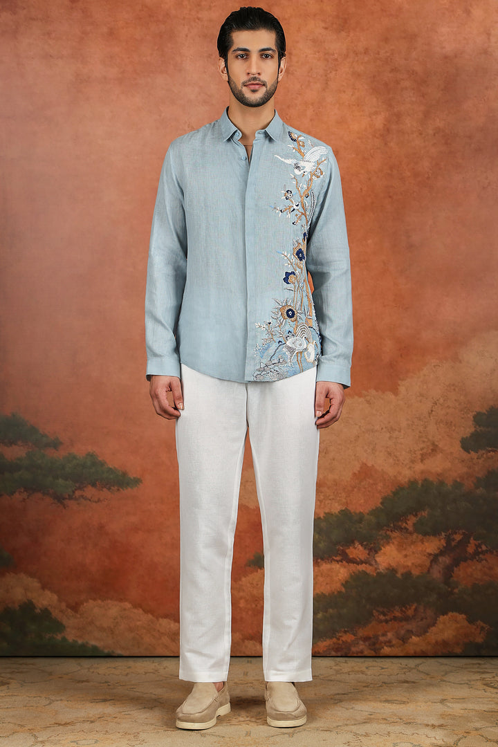 Light Blue Linen Botanical Embroidered Shirt