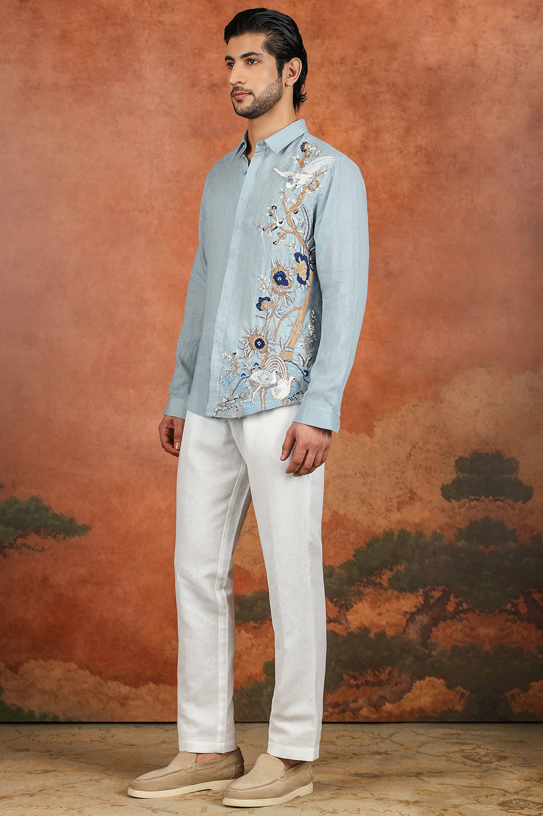 Light Blue Linen Botanical Embroidered Shirt