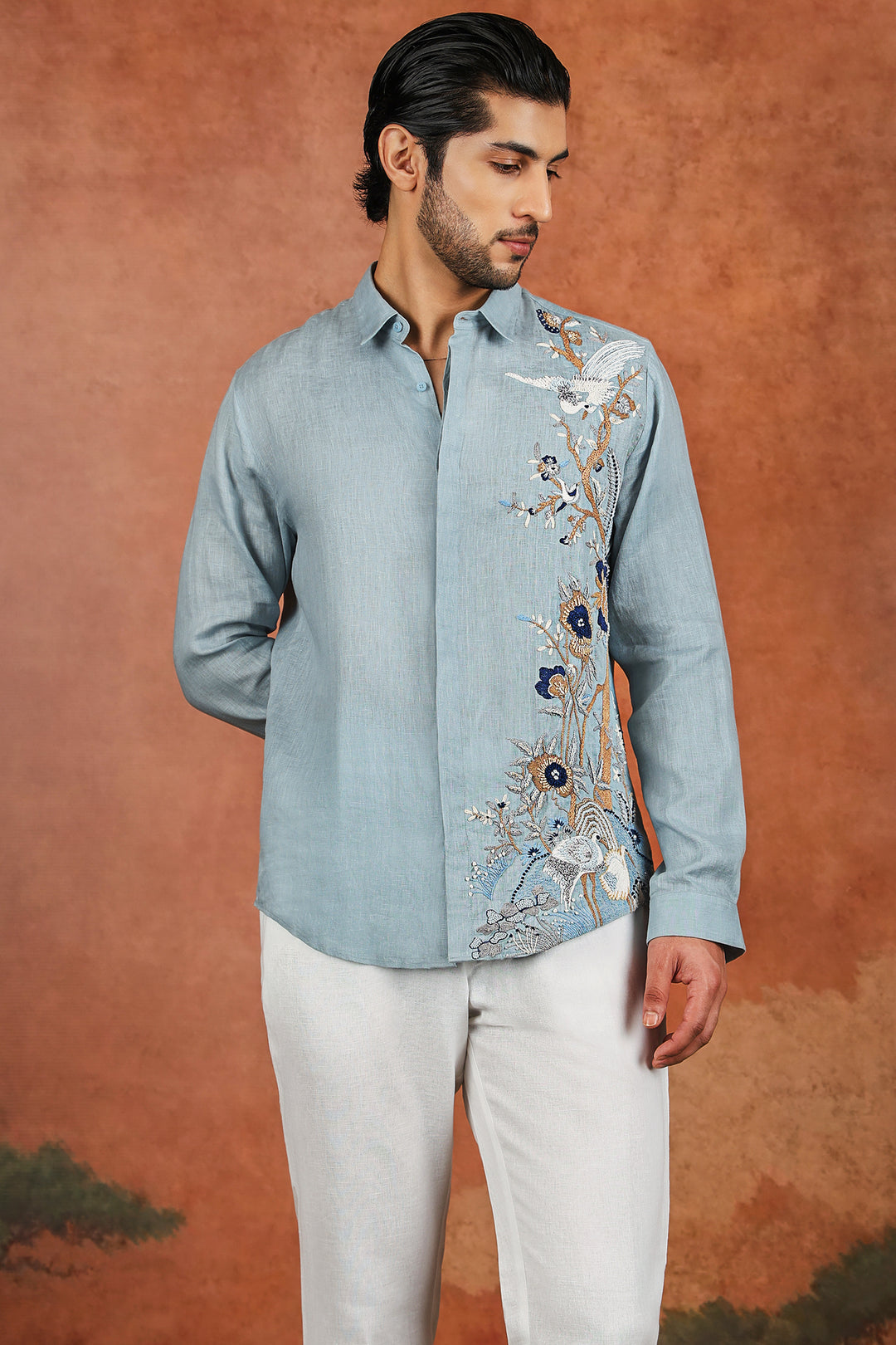 Light Blue Linen Botanical Embroidered Shirt