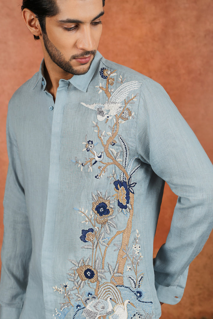 Light Blue Linen Botanical Embroidered Shirt