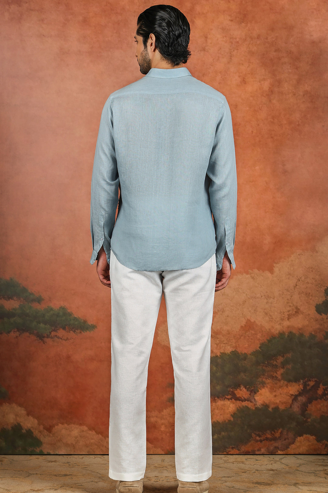 Light Blue Linen Botanical Embroidered Shirt