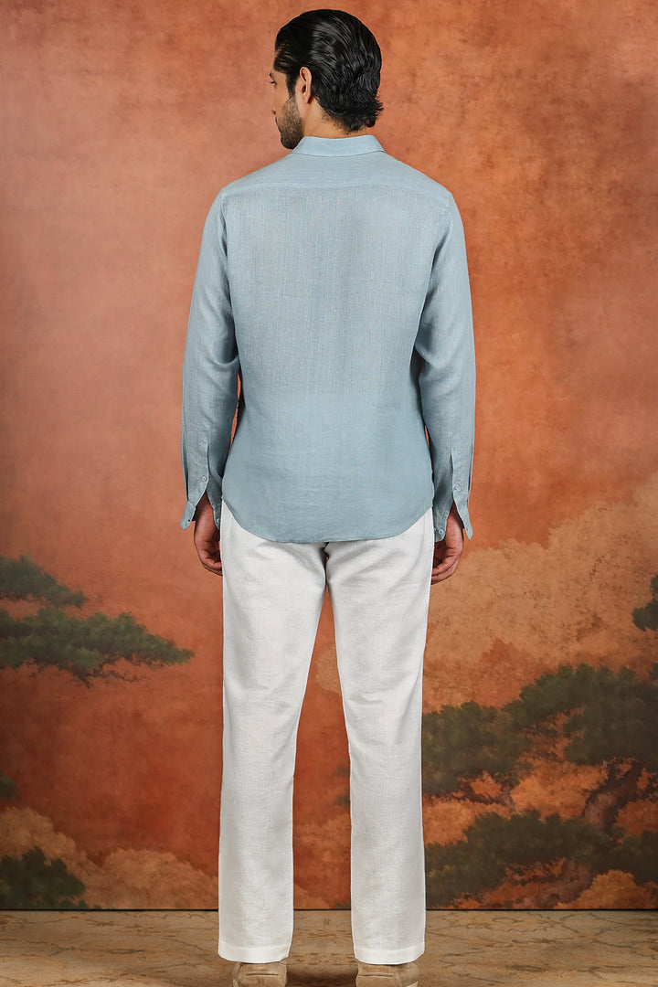 Light Blue Linen Botanical Embroidered Shirt