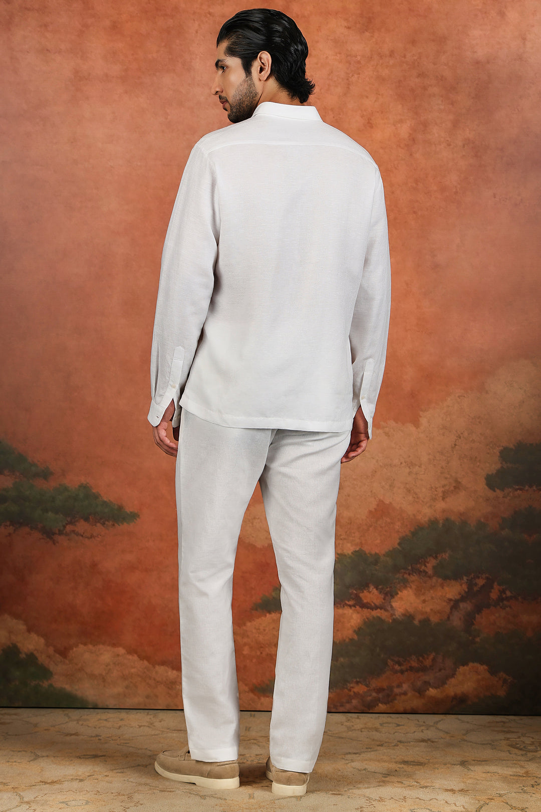 White Linen Heritage Border Embroidered Shirt