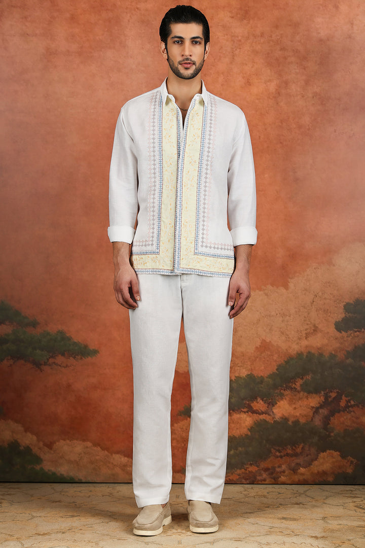 White Linen Heritage Border Embroidered Shirt