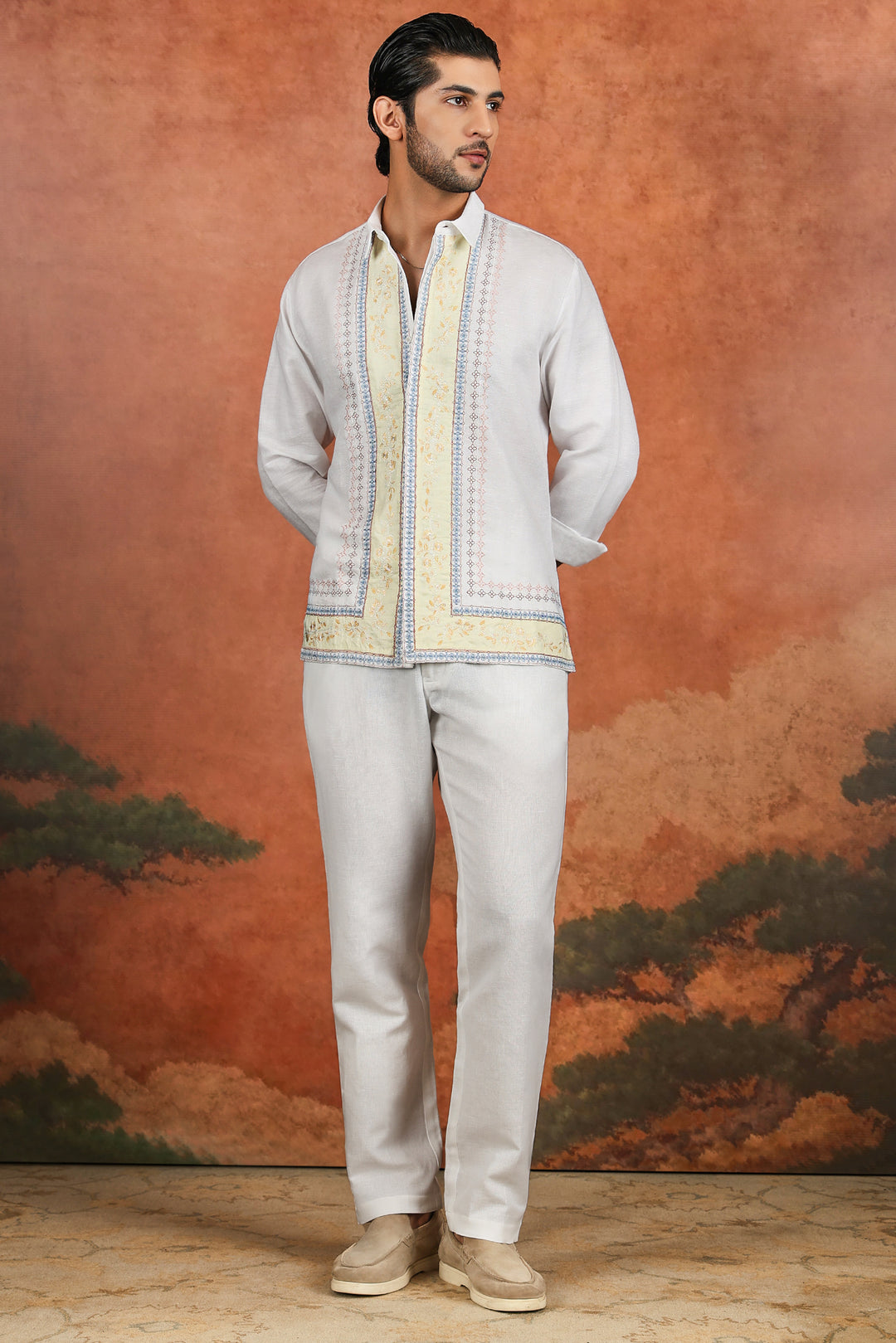White Linen Heritage Border Embroidered Shirt