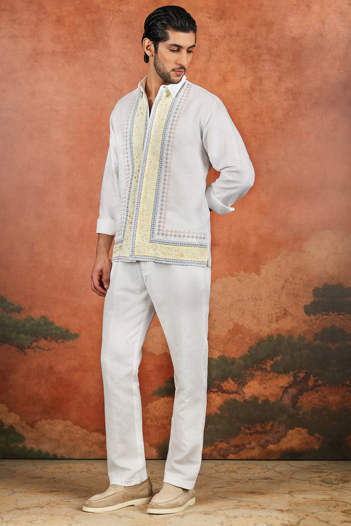 White Linen Heritage Border Embroidered Shirt