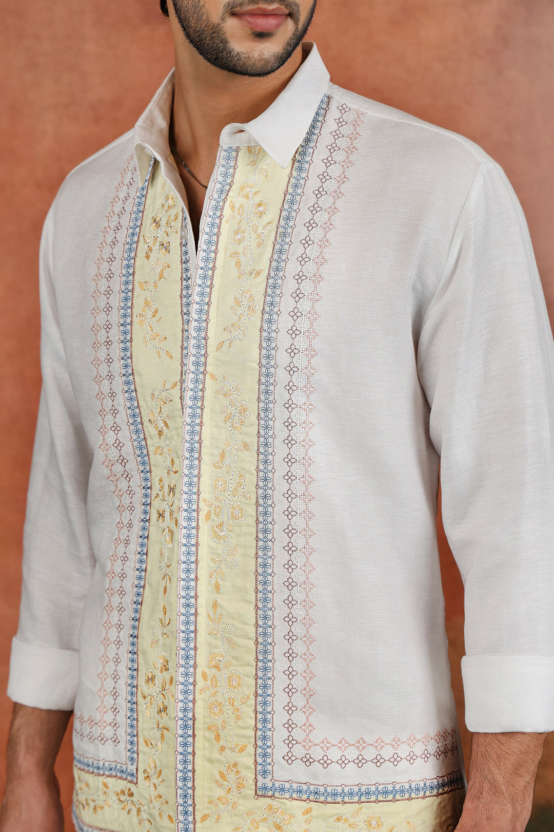 White Linen Heritage Border Embroidered Shirt