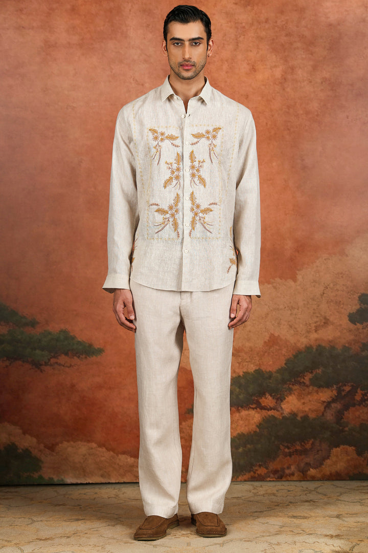 Off-White Linen Fern Embroidered Shirt