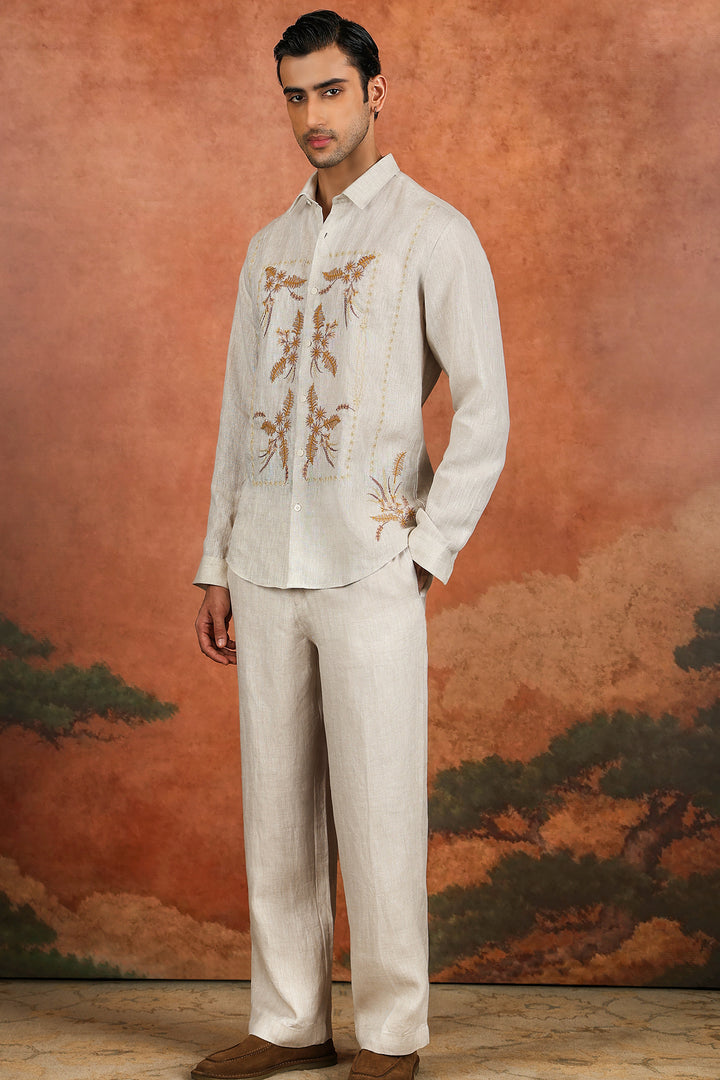 Off-White Linen Fern Embroidered Shirt