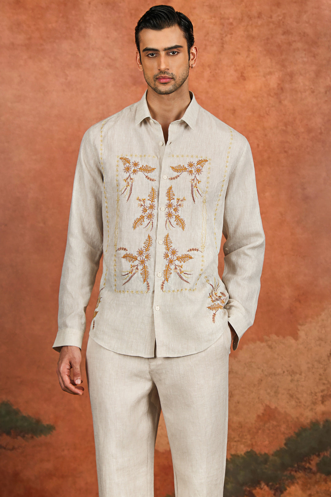 Off-White Linen Fern Embroidered Shirt