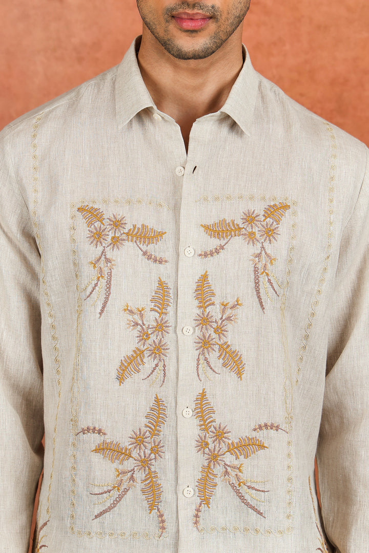 Off-White Linen Fern Embroidered Shirt