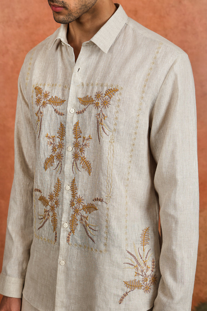 Off-White Linen Fern Embroidered Shirt