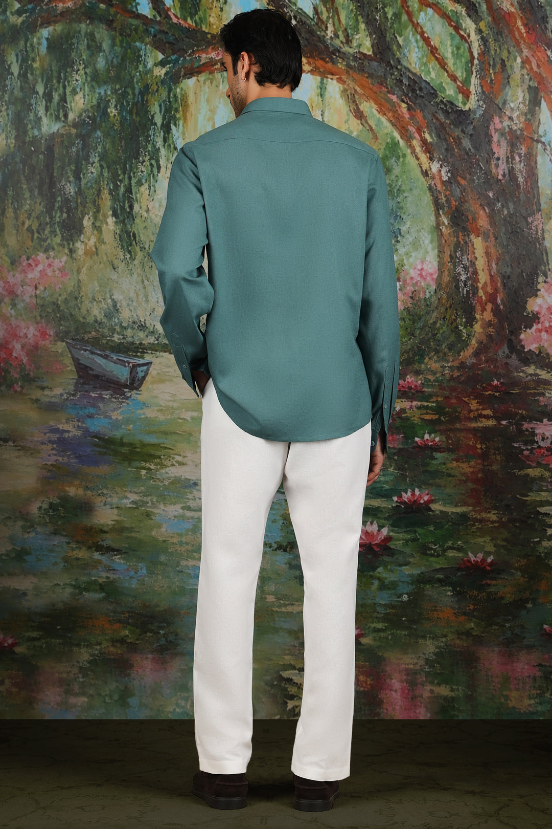 Teal Linen Geometric Floral Embroidered Shirt