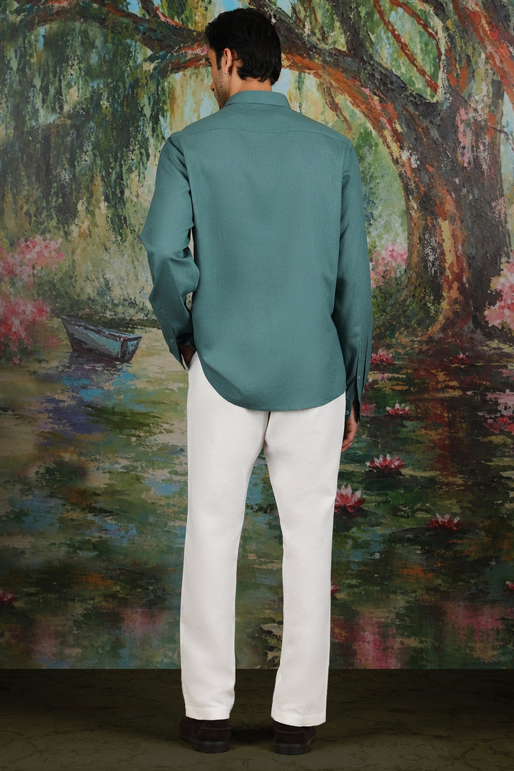 Teal Linen Geometric Floral Embroidered Shirt