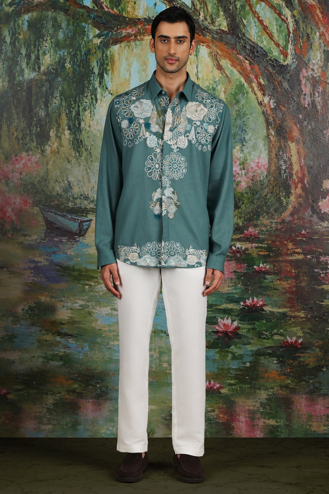 Teal Linen Geometric Floral Embroidered Shirt