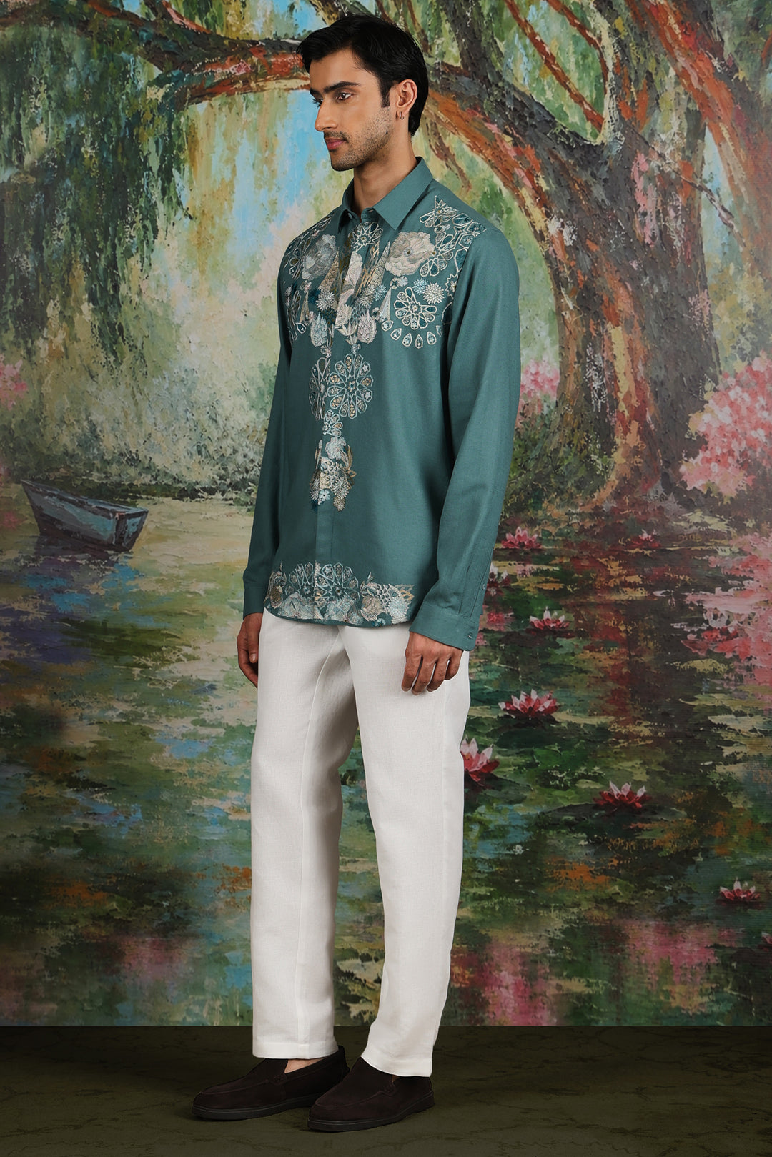Teal Linen Geometric Floral Embroidered Shirt