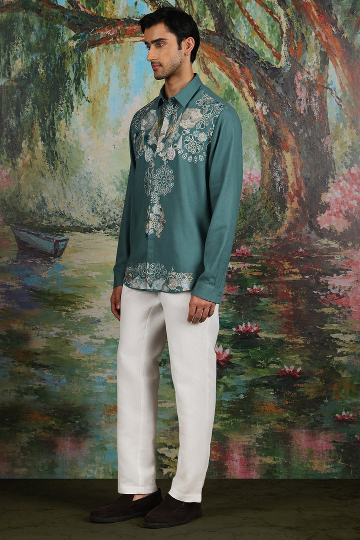 Teal Linen Geometric Floral Embroidered Shirt