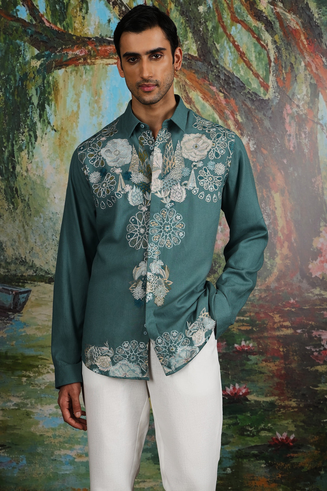 Teal Linen Geometric Floral Embroidered Shirt