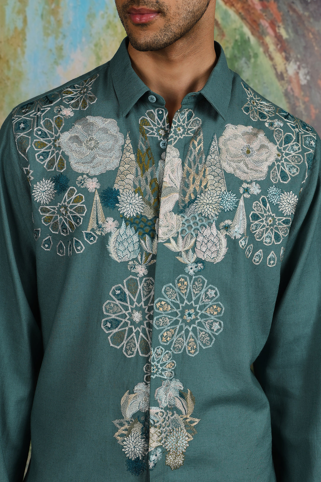 Teal Linen Geometric Floral Embroidered Shirt